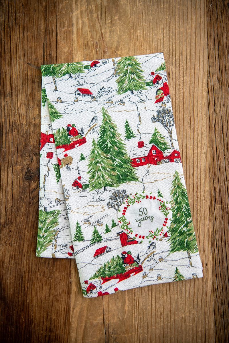 christmas cottage tea towel 50 years 20